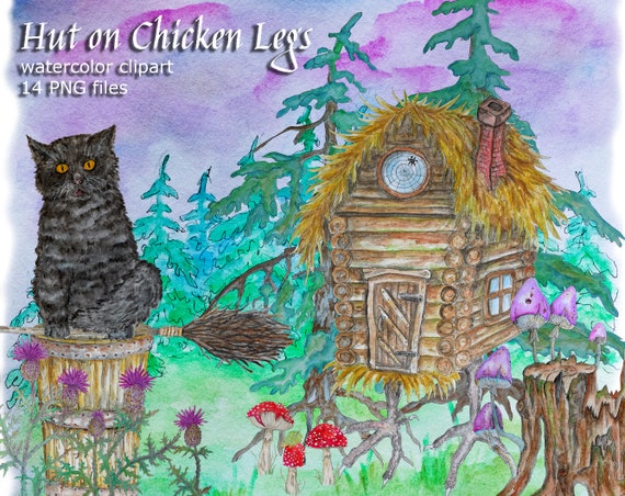 Hutte daquarelle sur des pattes de poulet Clipart Baba Yaga vieille maison  noire de chat russe