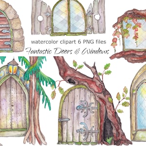 Aquarel deuren Windows Clipart Fairy Fantastische Fantasie Oude boom Eiken Dennenboom huis Interieur architectuur huis klimop oude vintage PNG
