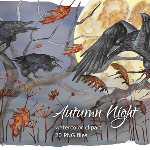 Aquarela Ravens Clipart Noite de outono Halloween clip art PNG noite escura e ventosa lua cheia pássaros pretos