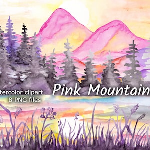 Aquarela Montanha Clipart Floresta pinheiros grama flores Paisagem clip art PNG sol pôr do sol amanhecer céu nuvens design de casa decoração natureza cartão