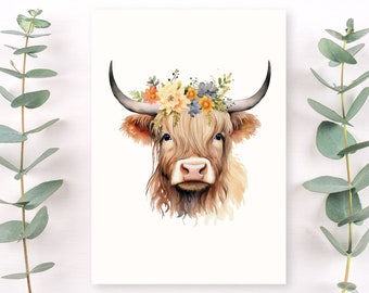 Highland Cow greeting card - watercolor highland cow greeting card, stationary, animal cards, farm life blank greeting cards, cow stationary