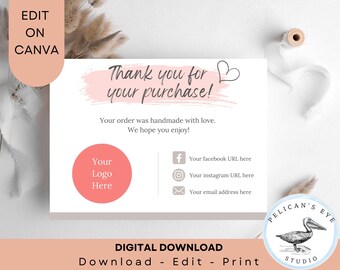 custom business thank you for your order insert card digital download template fully customizable and editable in CANVA Modern Pink add logo