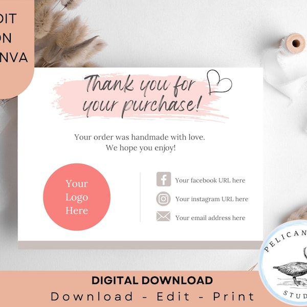 custom business thank you for your order insert card digital download template fully customizable and editable in CANVA Modern Pink add logo