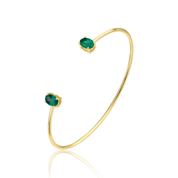 14K Yellow Gold Bracelet, Emerald Open Bangle (Green Eye Clean) 1.60ct Total Weight, Elegant Jewelry For Women, Fine Jewelry, Gift For Her