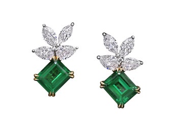 18K White Gold Emerald Earrings with Diamonds - 8.98 Carat Total Weight, Eye Clean Clarity, Fancy Green Color Jewelry For Women Gift For Her