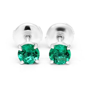 18k White Gold Earrings With 1.08 Carat Fine Round Emerald Studs, Minimalists Dainty Earrings, Unique Jewelry For Women, Earrings For Women
