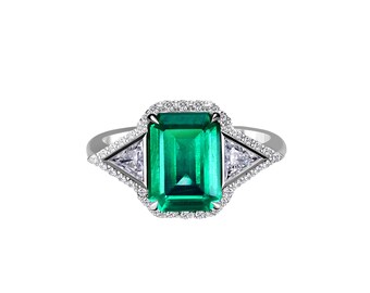 18K White Gold Emerald Side Stone Halo Ring - 3.49 Carat Total Weight, Eye Clean Fancy Green Color, Jewelry For Women, Unique Gift For Her