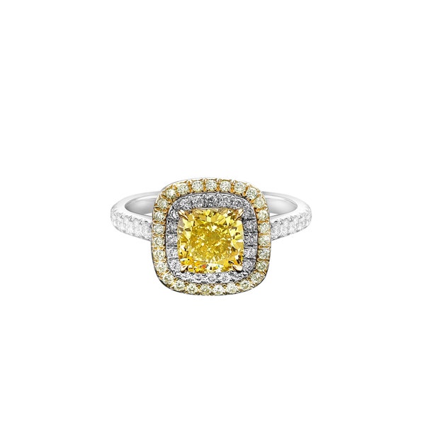 18K White Gold Halo Ring With 2.08 Carat Fancy Vivid Yellow Diamond, Cushion Cut, VS2 Clarity, Jewelry For Women, Gift For Her Fine Jewelry