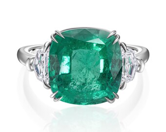 18K White Gold Rings With 6.62 TCW Emerald, Cushion Shape Fancy Vivid Green Color and 2 Cadillac Cut Diamond Side Stones, Rings For Women