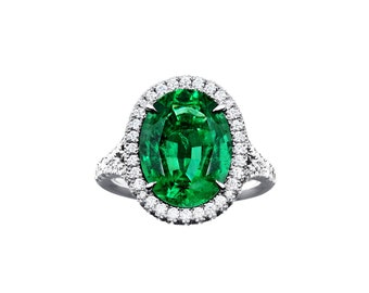 18K White Yellow Gold Halo Split Shank Ring - 5.42 TCW Emerald and Diamonds (Eye Clean Clarity, FG Color) Jewelry For Women, Fine Jewelry