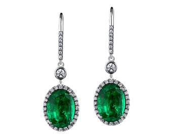 18K White Gold Emerald Halo Drop Earrings - 5.44 Carat Total Weight, Eye Clean Clarity, Green Color, Jewelry For Women, Fine Jewelry Gift