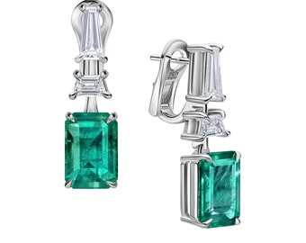 18K White Gold Emerald-Cut Emeralds Drop Earrings - 4.76 Carat Total Weight, Fancy Vivid Green, Jewelry For Women, Gift For Her Fine Jewelry