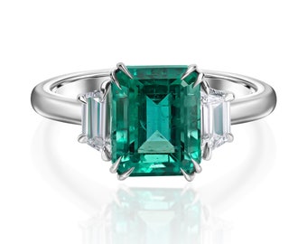 18K White Gold Emerald-Cut Emerald Ring - 3.64ct TW With Side Stones, Fancy Vivid Green Color, Jewelry For Women, Fine Jewelry Gift For Her
