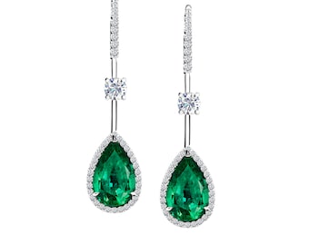 18K White Gold Emerald Drop Earrings with Diamonds - 6.68 Carat Total Weight, Eye Clean Clarity, Green Color, Jewelry For Women Fine Jewelry