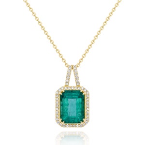 14K Yellow Gold Necklace, Emerald Halo Pendant (Green, Eye Clean) 5.16 Carat Total Weight, Jewelry For Women, Fine Jewelry, Gift For Women