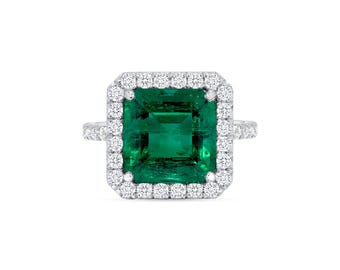 18K White Gold Square Emerald Halo Ring - 5.89 Carat Total Weight, Eye Clean Fancy Green Color, Jewelry For Women, Fine Jewelry Gift For Her