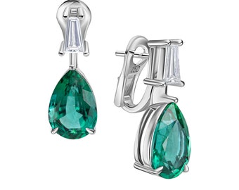 18K White Gold Pear Shape Emeralds Drop Earrings - 3.99 Carat Total Weight, Fancy Vivid Green, Jewelry For Women, Gift For Her Fine Jewelry