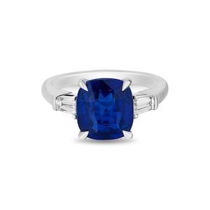 Platinum Ring With 5.02Ct. Cushion Sapphire & 0.36Ct. Diamond Sidestones (Tapered Baguette Cut, E, VS1) GIA Certified Ring Jewelry For Women