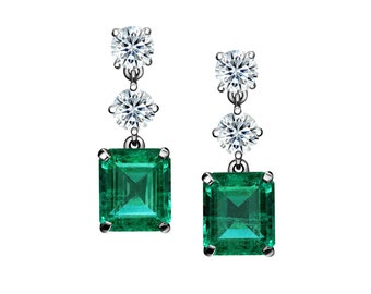 18K White Gold Emerald Drop Earrings - 4.54 Carat Total Weight, Eye Clean Clarity, Green Color, Jewelry For Women, Gift For Her Fine Jewelry