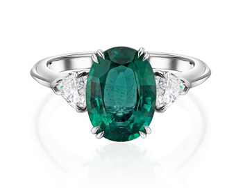 18K White Gold Oval Emerald Ring with Heart Shapes - 3.19 Carat Total Weight, Green Color, Jewelry For Women, Fine Jewelry Rare Gift For Her