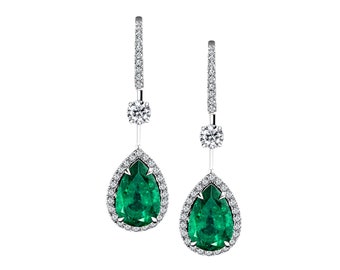 18K White Gold Pear Shape Emerald Halo Drop Earrings - 6.52 Carat Total Weight, Eye Clean Clarity, Green Color, Jewelry For Her Fine Jewelry