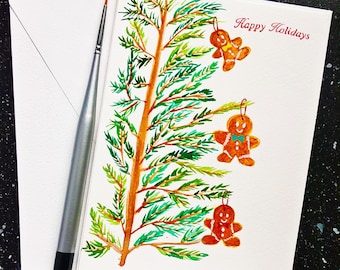ORIGINAL watercolor hand-painted Christmas card | Gingerbread Man Christmas Tree Decor | happy holidays