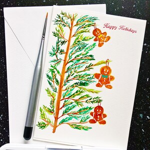 ORIGINAL Aquarell handbemalt Weihnachtskarte | Lebkuchen Mann Weihnachtsbaum Dekor | Frohe Feiertage