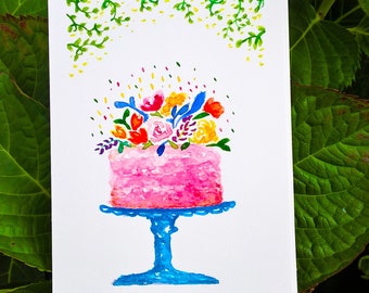 ORIGINAL watercolor hand-painted note card | postcard size | Floral Cake