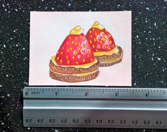 ORIGINAL ACEO food illustration on watercolor paper | Strawberries and Cookies