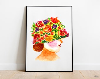 Printable Wall Art | Lady with Floral Hat | Instant Download | Watercolor Illustration | 5x7, 8x10, A3, A4