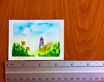 ORIGINAL ACEO watercolor painting | Lighthouse in Spring