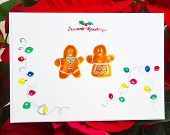 ORIGINAL watercolor hand-painted Christmas card | Season's Greetings | gingerbread man + woman | blank inside