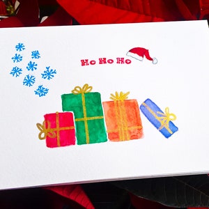 ORIGINELE aquarel met de hand geschilderde kerstkaart | Ho Ho Ho | presenteert | geschenken | leeg binnen