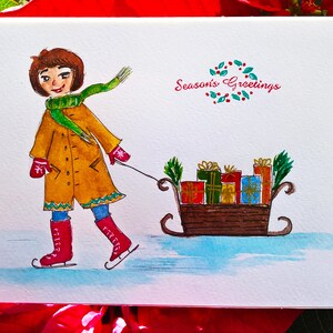 ORIGINELE aquarel met de hand geschilderde kerstkaart | Seizoensgroeten | slee + presenteert