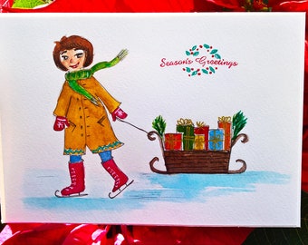 ORIGINAL watercolor hand-painted Christmas card | Season's Greetings | sleigh + presents