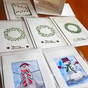Set van 7 handgeschilderde kerstkaarten blanco binnen | Vrolijk Kerstfeest