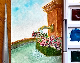 ORIGINAL ACEO watercolor painting | Fountain of Riquewihr 2