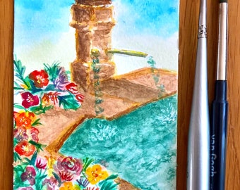 ORIGINAL ACEO watercolor painting | A Fountain in Eguisheim