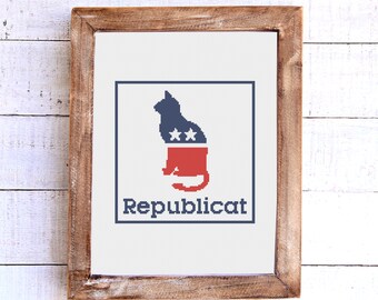 Republican Party Cat Cross Stitch PDF Pattern, Fast and Easy Project