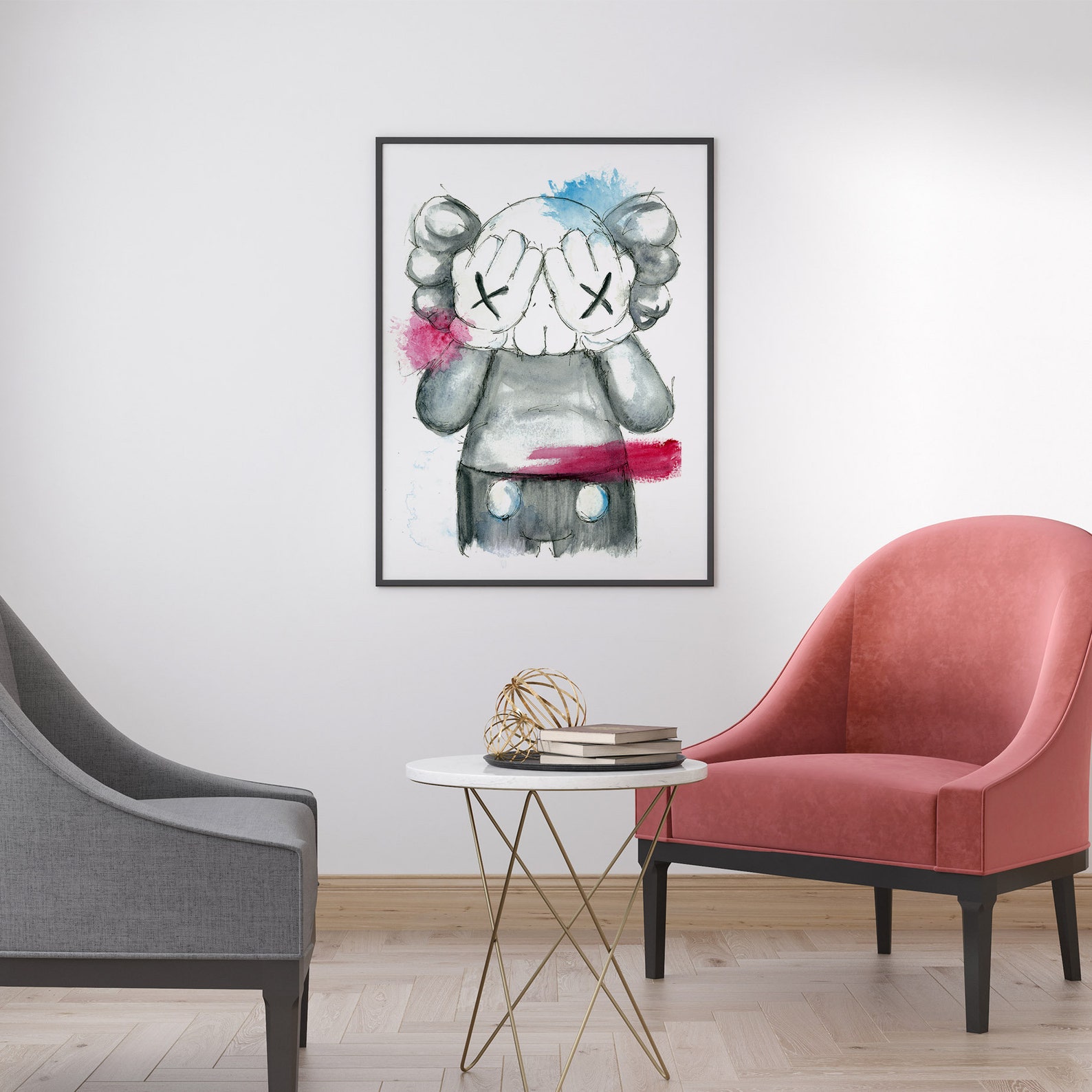 Set of 3 KAWS Prints Original Watercolor Art Prints Kaws Etsy