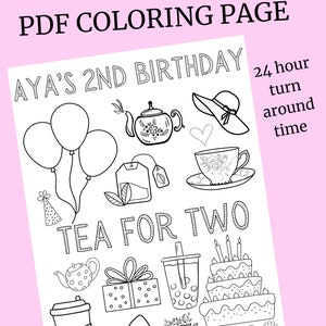 Customized Tea for Two coloring page | Custom 2 year old coloring page | Tea for Two party favor