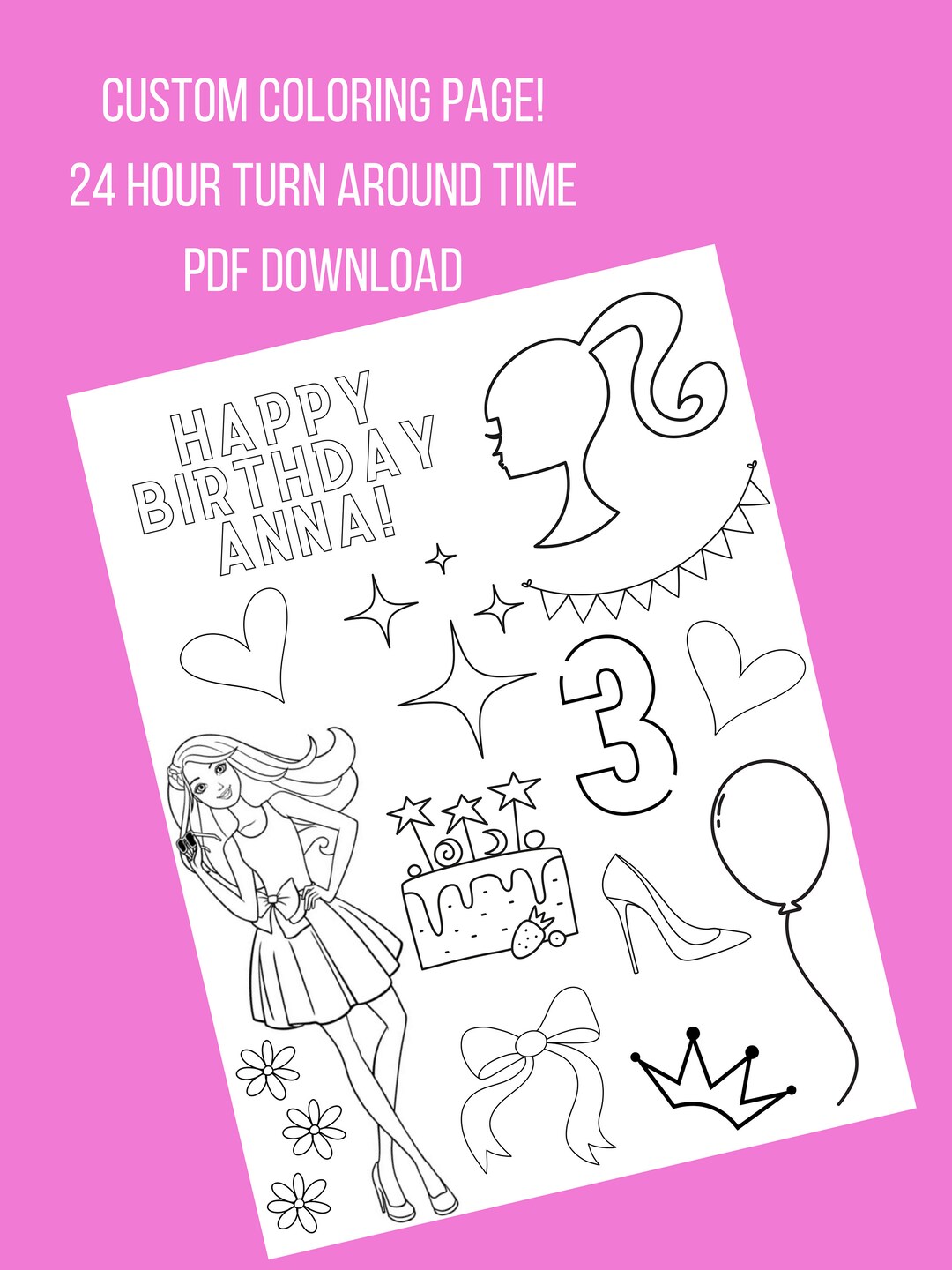 Customized Barbie Coloring Page / Barbie Birthday Favors / - Etsy