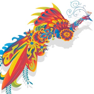 Prachtige feniksvogel getekend in Petrykivka-stijl, direct downloadbestand, mythisch wezen geschilderd in Oekraïense stijl, heldere vogelkunst
