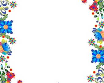 May include: A colorful floral border with blue, red, yellow, and green flowers. The border is on a white background.