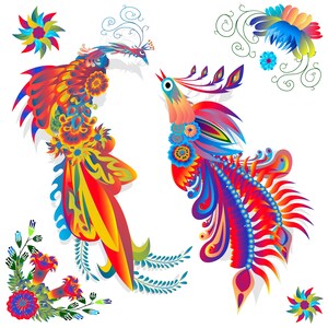 Cartão de download instantâneo de arte tradicional ucraniana, cartão postal digital para impressão de pássaros brilhantes no estilo Petrykivka