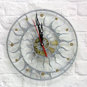 Modern stain glass clock Skeleton wall clock Hand paint glass clock Fossil Ammonite decor Designer loft clock Kitchen glass clock image 2