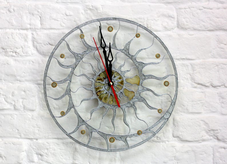 Large Modern stain glass clock. Big Skeleton wall clock. Hand paint glass clock. Fossil Ammonite decor. Designer loft clock. Spiral design image 2