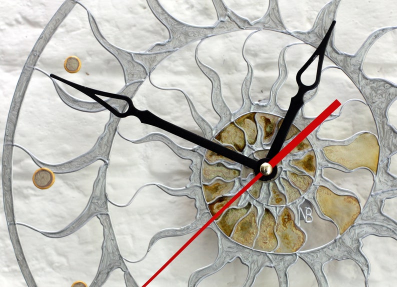 Large Modern stain glass clock. Big Skeleton wall clock. Hand paint glass clock. Fossil Ammonite decor. Designer loft clock. Spiral design image 4