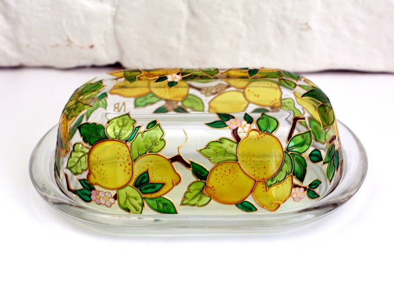 Hand Painted Butter Dish Stain Glass Butter holder Covered Butter Dish Kitchen Container Italian Style Tray With Lid Mediterranean image 4