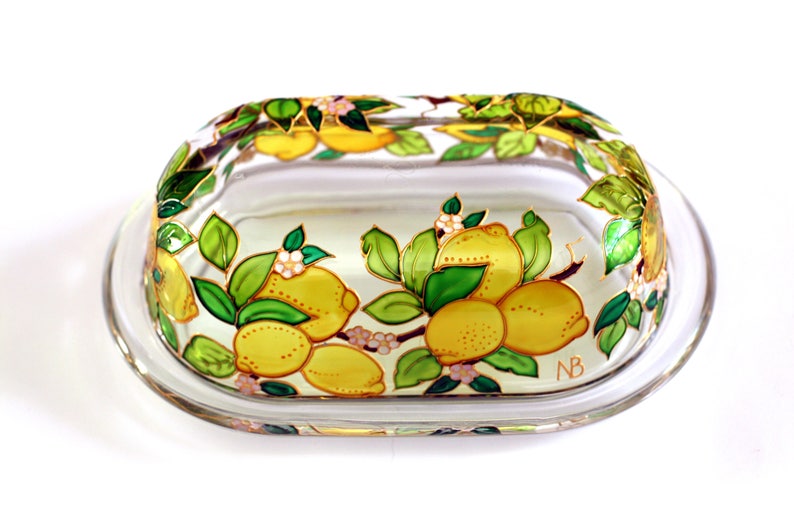 Hand Painted Butter Dish Stain Glass Butter holder Covered Butter Dish Kitchen Container Italian Style Tray With Lid Mediterranean image 2